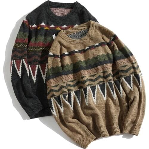 Ethnic Style Mens Pullover Sweater Autumn Winter Knitted Clothes Loose O Neck knitwear Casual Top Plus Size XXL Mens Clothing