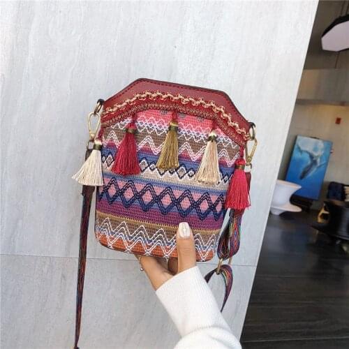 Womens Shoulder Diagonal Bag Ethnic Style Small Square Pack Female Wild Tassel Handbag Crossbody Bag