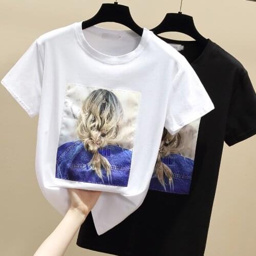 Gkfnmt Women Tops Cotton Short Sleeve Appliques Korea Style Fashion T-shirt White Tshirt Women Summer Top Black Tee Shirt 2021
