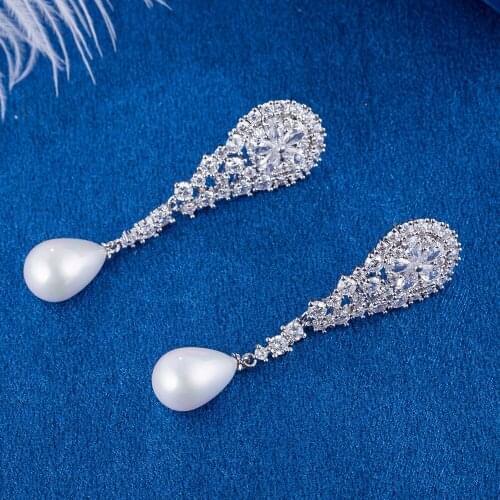 FARLENA Jewelry Silver Plated Water Drop Simulated Pearl Earrings for Women Wedding Accessory Fashion AAA Zircon Drop Earrings