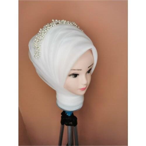 Womens White Color Muslim Hijab Scarf Ready to Wear Turban Islamic Headscarf Female Head Wraps lycra tulle Shawl wedding party