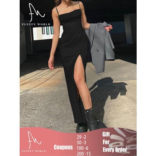 2021 Summer Women Black Sexy Dress Spaghetti Strap Party Club Split Slim Lady Ankle Length Dress Folds Vintage Wear Dresses