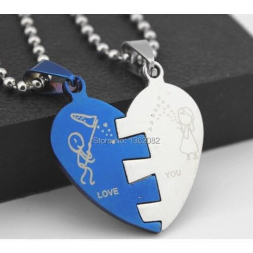 1 Pair Fashion Blue Silver Tone Stainless Steel Puzzle Love Heart Couple Pendants Chain Necklace Valentines Gift MN259