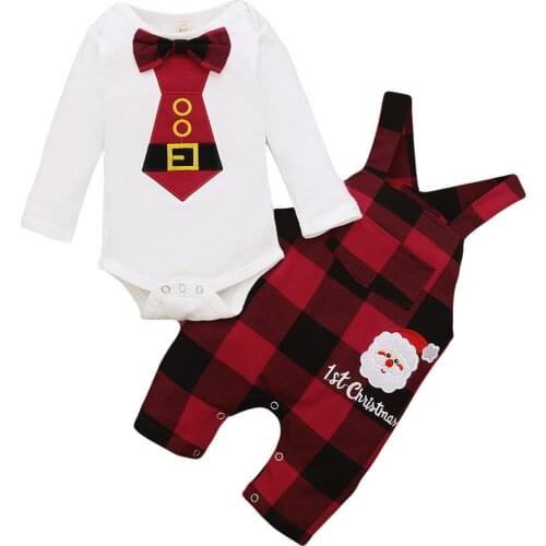2021 Baby Boys 1st Christmas Clothing Set Long Sleeve Tie Rompers Plaid Overalls Pant 2Pc Infant Kids Casual Outfits