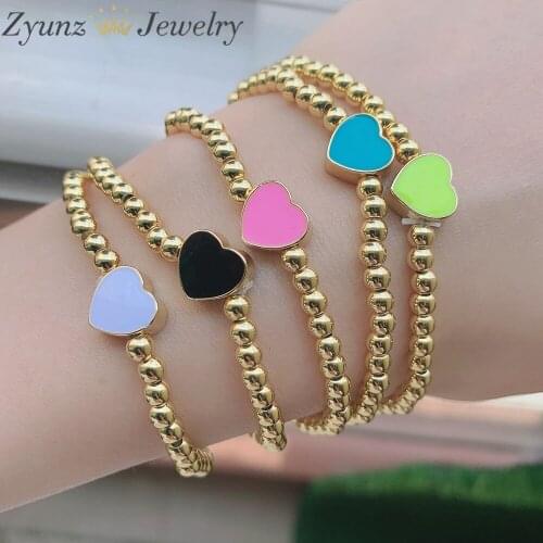 5PCS, Enamel Heart Charm Gold Beaded Bracelet, Heart Gold Bead Bracelet, Elastic Gold Bead Bracelet, Gift for her