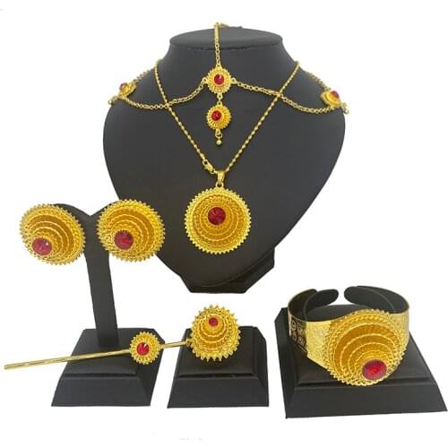 Big Jewelry Set Wife gifts Arabia Bride Wedding for women Ethiopia 24K gold Necklace earrings bracelet ring Hairpin Dubai set