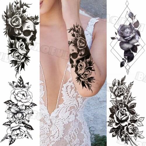 Black Rose Skull Fashion Arm Temporary Tattoos For Women Adult Geometric Leaves Fake Tattoo Custom Armband Sexy Disposable Tatoo