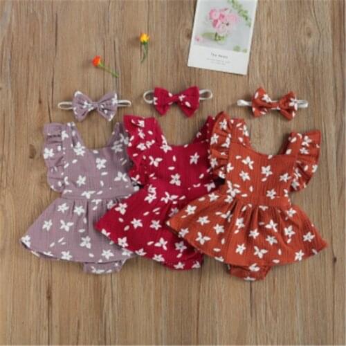Toddler Infant Baby Girl Summer Jumpsuits Casual Fly Sleeve Jumpsuits Flower Printing Romper + Headband Cotton 2pcs Clothes