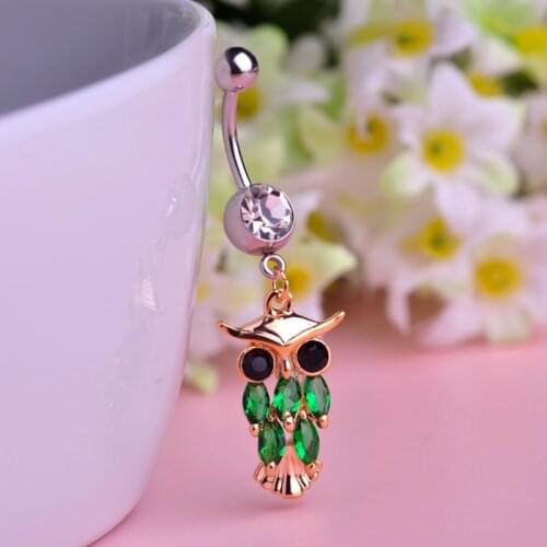 Funmor Owl Crystal Dangle Belly Button Rings Rhinestone Animal Helix Piercing Navel Piercing Stainless Steel Sexy Body Jewelry