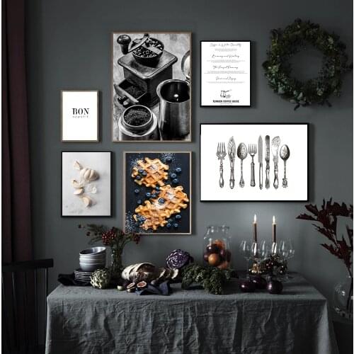 Kitchen Art Decor Garlic Coffee Guide Posters Bon Appetit Print Black and White Wall Art Canvas Painting Picture For Dining Hall