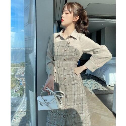 Plaid Fake Two-Piece Female Dresses Spring 2021 New Waist Slimming Dress Women Shirt Stitching A-Line Dress Lady Belt Dress W28