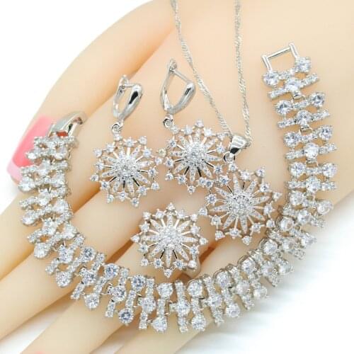 White Zirconia Dubai Silver Color Wedding Jewelry Sets For Women Necklace Pendant Bracelets Earrings Rings Gift Box