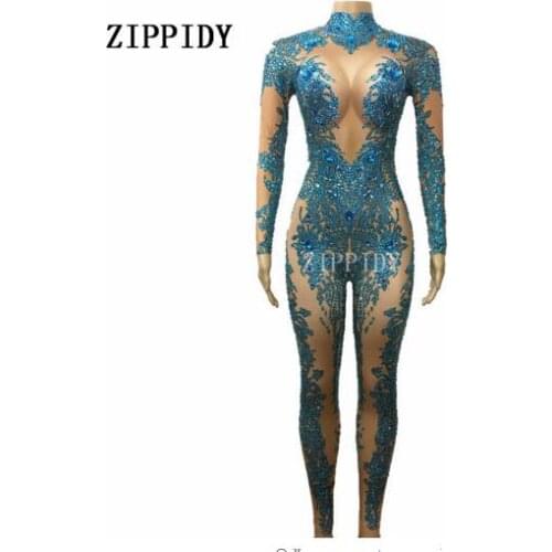 Fashion Blue Stones Sparkly Jumpsuit Sexy Nude Stretch Dance Costume One-piece Bodysuit Nightclub Oufit Party Leggings