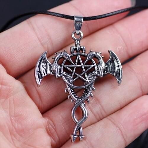 2021 Fashion New Retro Double Dragon Cross Wings Pendant Necklace Men And Women Pentagonal Hollow Pendant Birthday Jewelry Gift