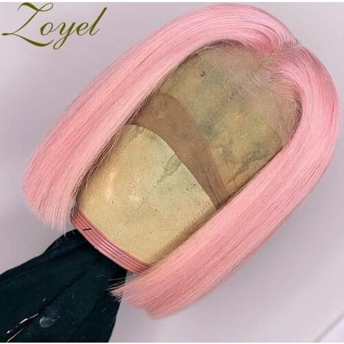 Straight PinkShort Bob Synthetic Lace Front Wigs with Middle Part for Women Glueless Heat Fiber Hair Realistic Daily Wear Wig