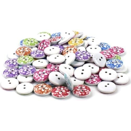 3000PCS New Flower Printed Round Wooden Button 2 Holes 15mm Mixed Wood Buttons Sewing Accessories for Clothing Decoration DIY