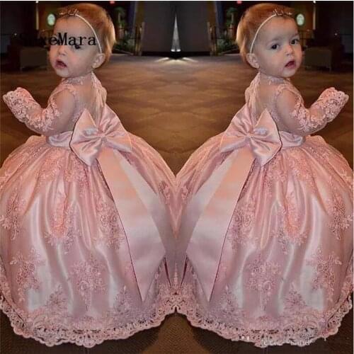 Pink Puffy Flower Girls Dresses Sheer Neck Satin Baby Girl Birthday Party Pageant Gown Communion Dress