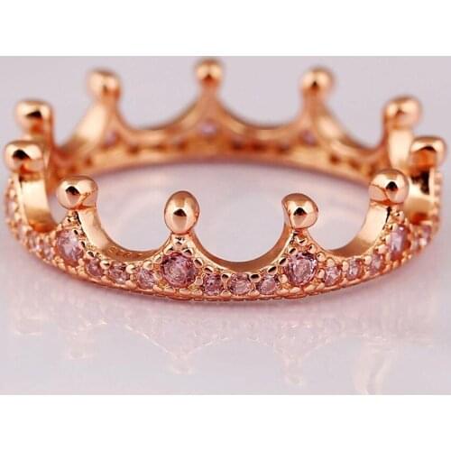 S925 Silver Rose Enchanted Crown Pink Crystal Ring For Women Wedding Party Gift fit Lady Fine Jewelry