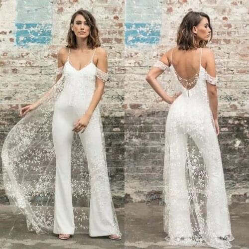 Jumpsuit Wedding Dresses With Cape 2021 Off The Shoulder Spaghetti Straps Lace Appliques Tulle Bridal Gown Sexy Open Back