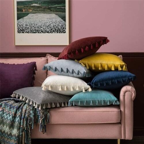 Solid Colore Velvet Pillowcase with Tassel Sofa Throw Pillow Cushion Cover 30X50cm 45X45cm Home Decoration Pillow Case