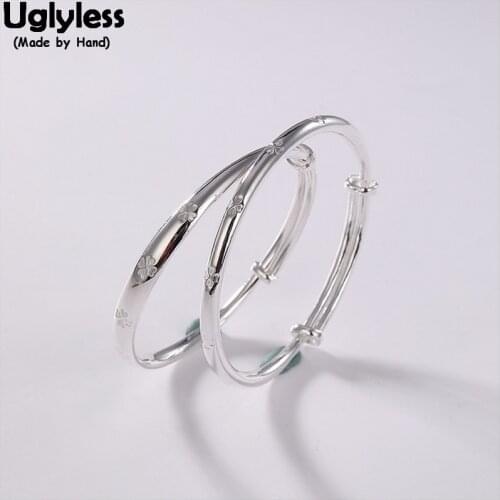 Uglyless 1piece Lucky Clover Bangles for Women Real 99.9% Full Silver Push-pull Bracelets Glossy Adjustable Bangles Fine Jewelry