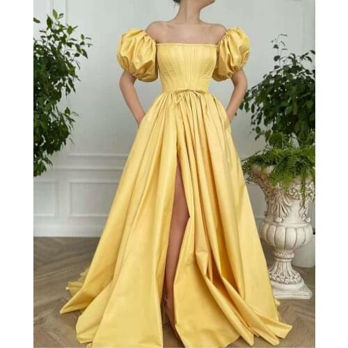 Vintage Long Satin Yellow Evening Dresses with Pockets Floor Length Square Collar Corset Back Formal Party Gowns for Women