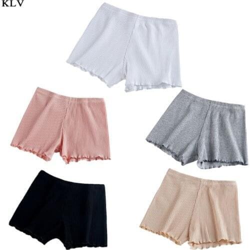 Ladies Women Summer Safety Pants Thread Ribbed Striped Seamless Stretchy Underpants Solid Color Ruffled Agaric Hem Boxer Shorts