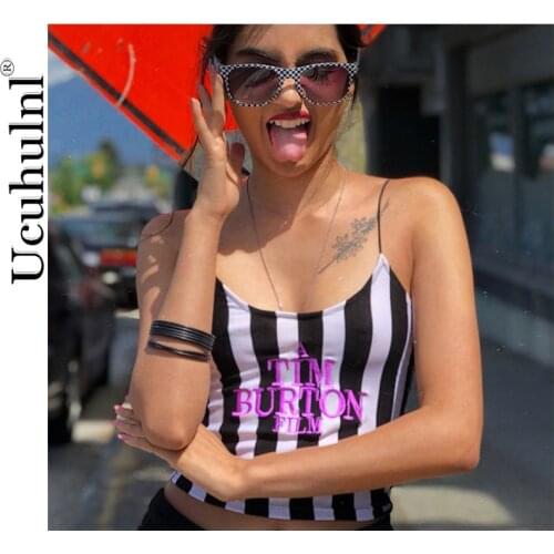 Casual Letter Embroidery Women Sexy Crop Top 2020 Summer Sleeveless Skinny Camis Stripe Camisoles Tim Burton Woman Clothes