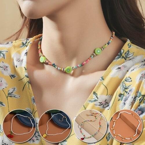 New Trendy Colorful Bead Strand Beaded Choker Necklace For Women Bohemian Handmade Short Flowers Pearl Necklace Collar Jewelry