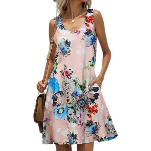 Bohemian Dress Women Dress Leaf Print V Neck Sleeveless Pocket Shoulder Strap Women Dress Women Dress Holiday Dress Beachwear