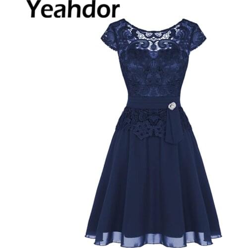 Women Ladies Short Sleeves Tea Length Floral Lace Overlay Elegant Pageant Formal Evening Party Chiffon Dress With Built-in-bra