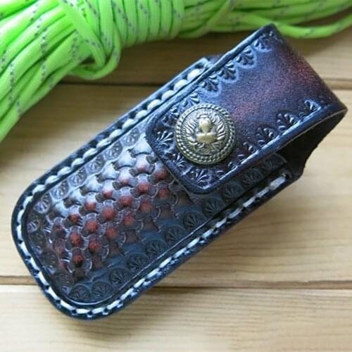 Handmade Vegetable Tanned Leather Folding Pocket Knife Cowhide Scabbard Sheath Waist Belt Case Snake Skin Pattern Lion Buckle