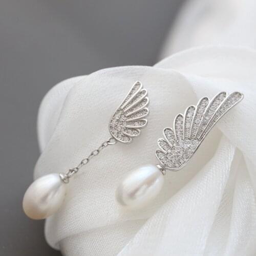 Authentic 925 Sterling Silver Earstuds Inlaid Natural Freshwater Pearl Angel Wings Earrings Wedding Party Fine Jewelry Gift