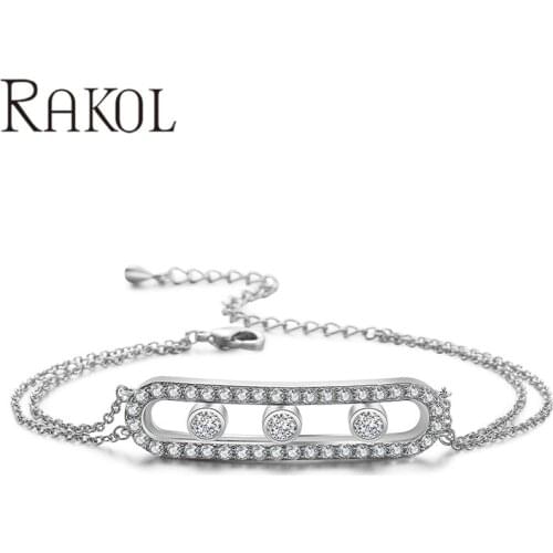 RAKOL Fashion Luxury White Move CZ Stone Crystal Chain Link Bracelet New Energy Bracelets for Woman Wedding Jewelry RB020136