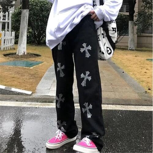 Retro Gothic Printed Wide Leg Pants Womens Hip Hop Pants Overalls Harajuku Spring and Autumn Black Streetwear Overalls