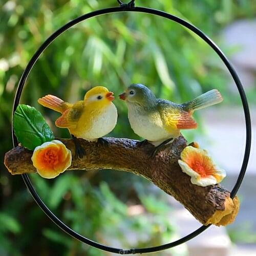Garden Colorful Simulation Tree Hanging Birds Crafts Iron Ring Parrot Resin Accessories Outdoor Park Yard Ornaments Decoration