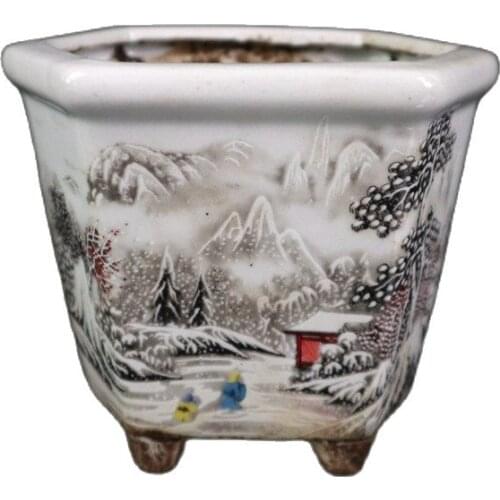 Chinese Old Porcelain Pastel Snow Scene Pattern Hexagonal Flowerpot