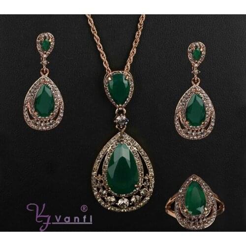 Jewelry Set Vintage Necklace Earings Rings Fashion Antique Gold Color Fine Crystal Women Wedding Party Jewelry