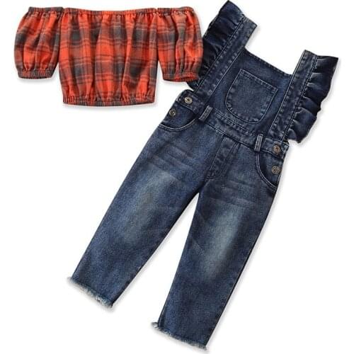 Baby Girl Clothing Set Baby Girls Summer Suit Plaid Top + Overall 2pcs Suit Fashion Summer Children Clothes Set