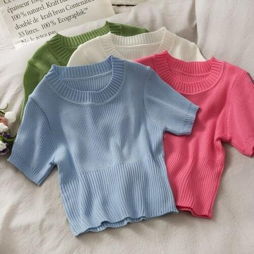 Short Versatile Round Neck Short Sleeve Knitted Sweater Womens Slim Solid Color Top Fashion In 2021 Summer