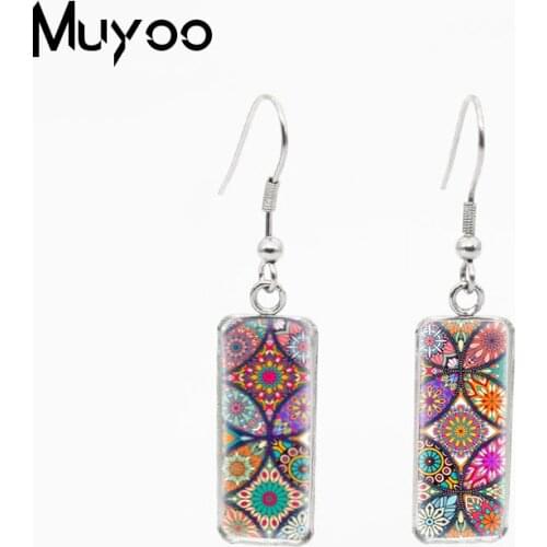 Beauty Vintage Paintings Mandala Square Pattern Design Glass Cabochon Fish Hook Earrings Rectangle Pendants Jewelry Earrings