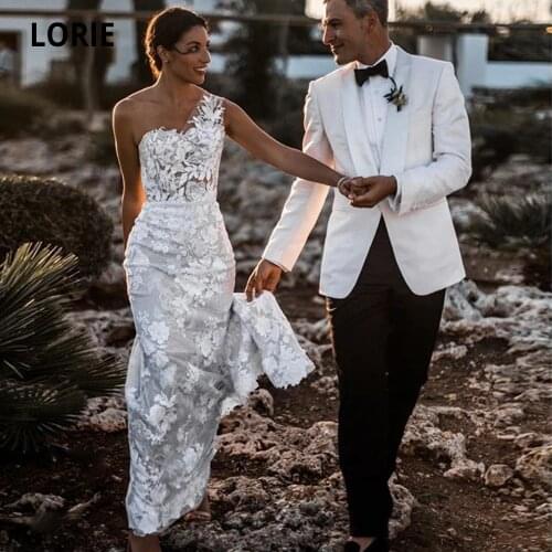 LORIE Lace Wedding Dresses Mermaid Boho 2019 One Shoulder Open Back Bridal Gowns Beach Elegant Vintage Wedding Gown Plus Size