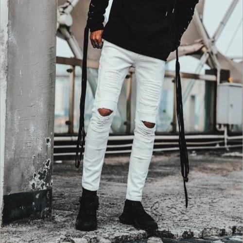 2021 MenS Stretch Skinny White Jeans Hombre Fashion Denim Trousers Male Hip hop Spring Autumn Ripped Jeans Cotton Pants