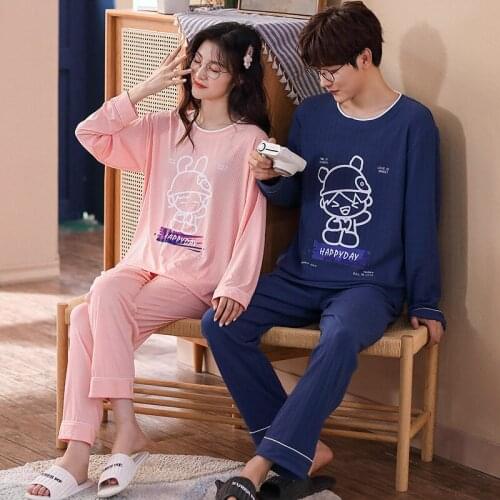 Couple Simple Cotton Thick Warm Winter O-Neck Long Sleeve Pajamas Set Kawaii Pink Women Sleepwear Lovers Cartoon Doodle Homewear