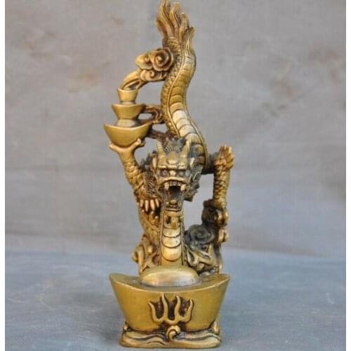 Old Chinese bronze Feng shui Auspicious Wealth Yuanbao Dragon Loong Beast Statue