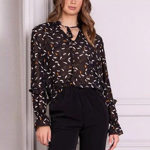 Chiffon Floral Print Lace Up Lady Blouse Transparent Long Sleeves Vintage Simple Basic V-neck Women Blouses For Summer New