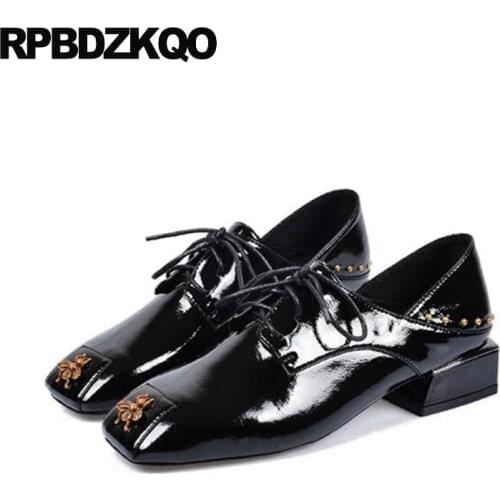 Size 4 34 runway patent leather shoes thick women lace up european square toe low heels rivet 2018 bee black oxford suede stud