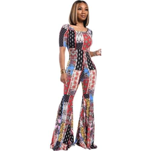 Womens Summer Printed Short Sleeve High Waist Flared Pants Casual Jumpsuit