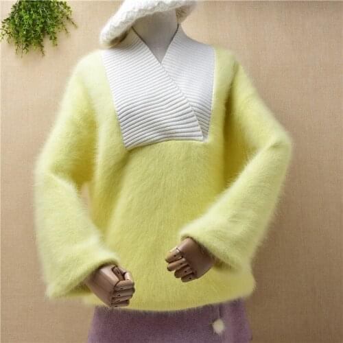 Ladies women fashion hairy fuzzy mink cashmere knitted long sleeve v-neck loose pullover angora rabbit fur winter jumper sweater