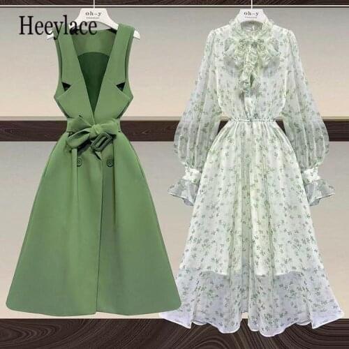 Plus Size Women Suit Long Vest Jacket Coat Top And Floral Print Chiffon Dress Two Piece Set Elegant Outfit Office Ladies Cloths